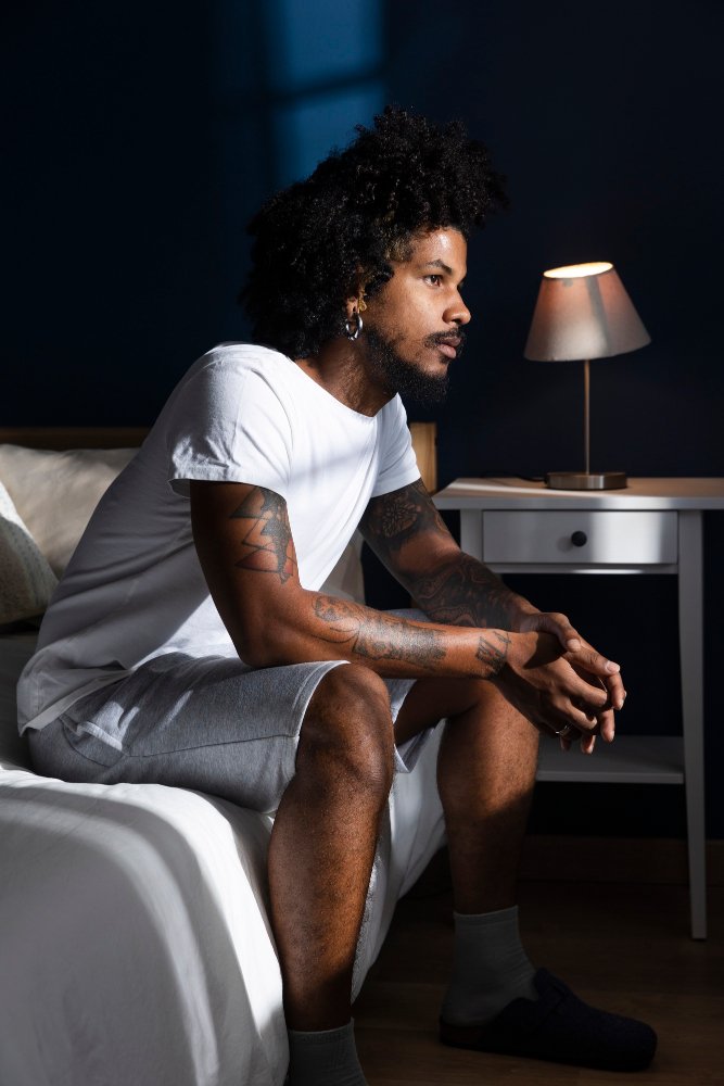 Man sitting on the edge of a bed at night looking pensive, representing mental health struggles and the need for psychiatric support